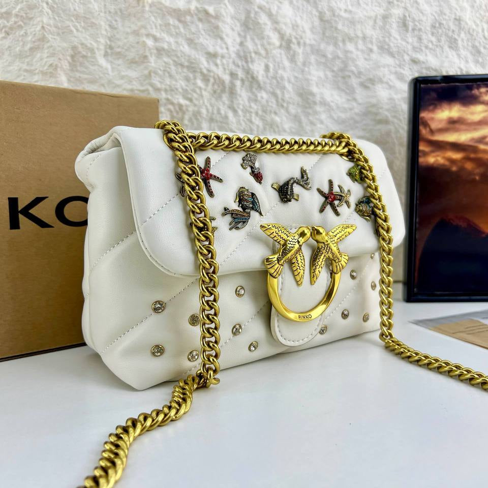 Pinko Love Bag Puff in White and Black Quilted Leather with Marine Embroidery 🕊️🐚✨