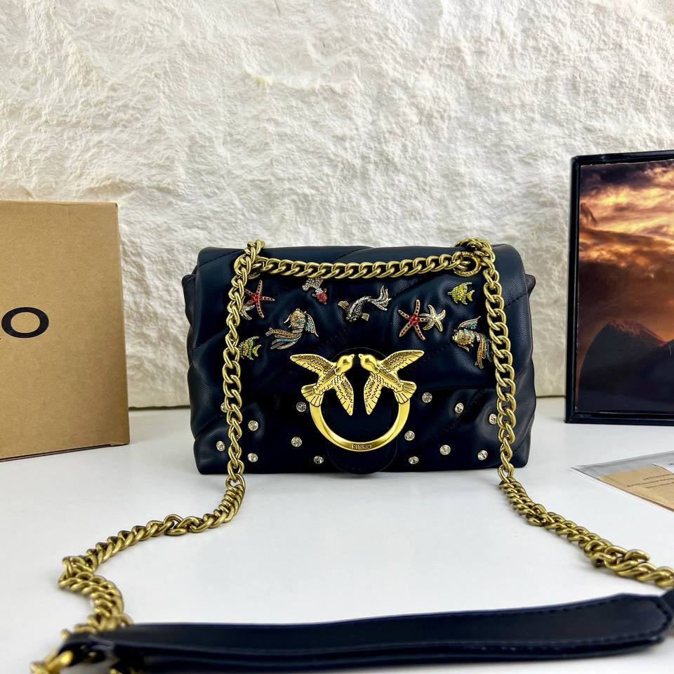 Pinko Love Bag Puff in White and Black Quilted Leather with Marine Embroidery 🕊️🐚✨