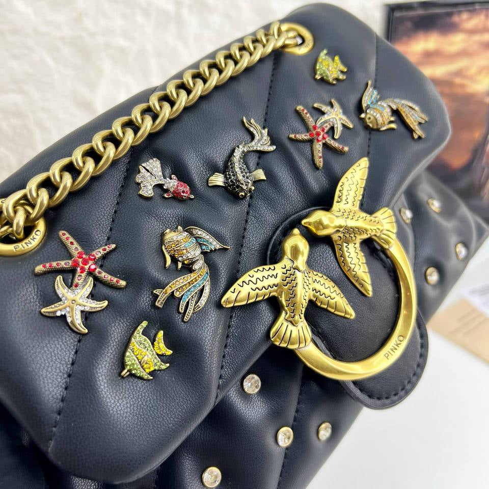 Pinko Love Bag Puff in White and Black Quilted Leather with Marine Embroidery 🕊️🐚✨