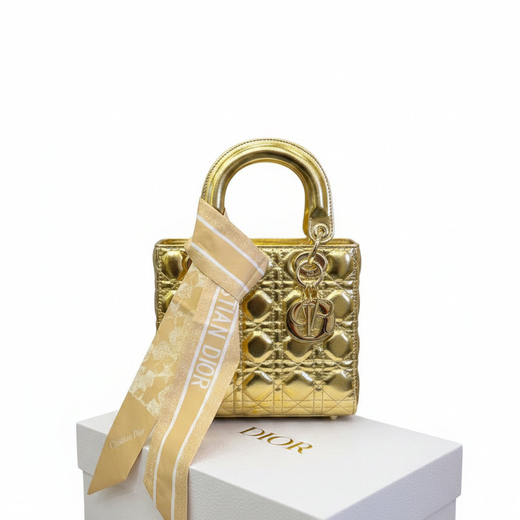 Christian Dior Metallic Gold Quilted Handbag with Scarf 👜✨