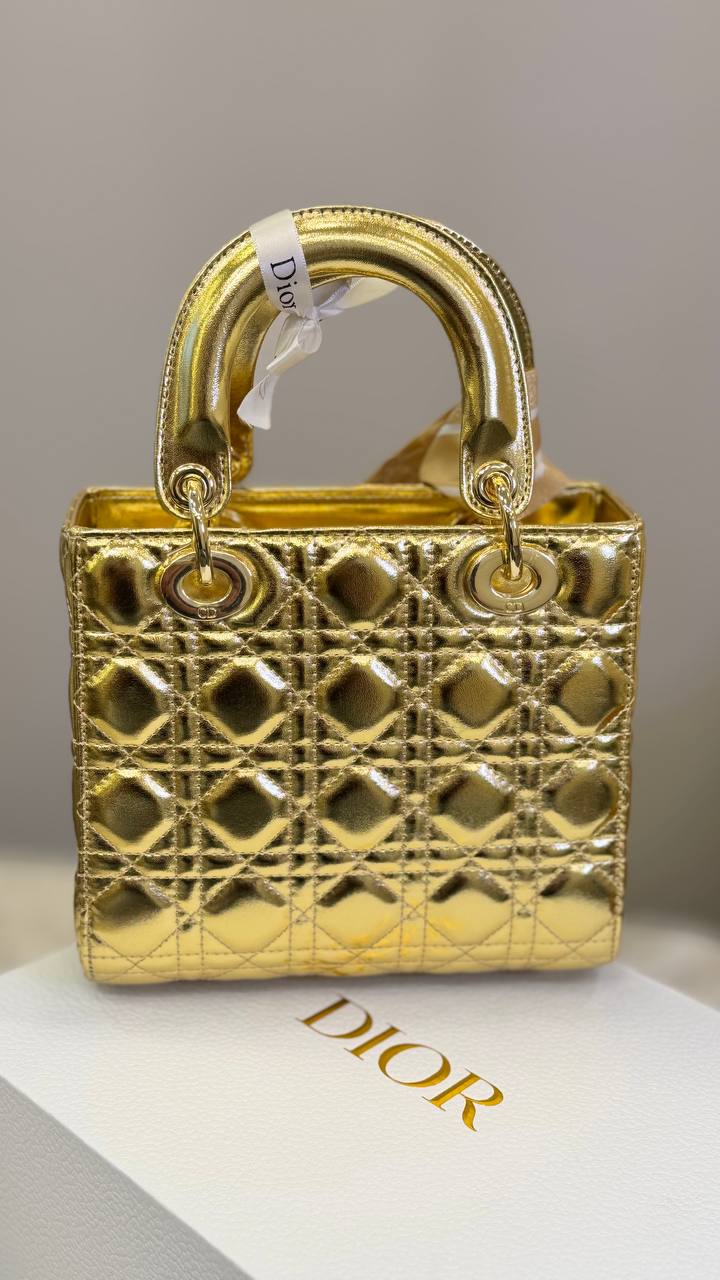 Christian Dior Metallic Gold Quilted Handbag with Scarf 👜✨