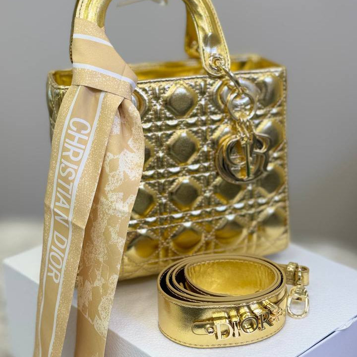 Christian Dior Metallic Gold Quilted Handbag with Scarf 👜✨