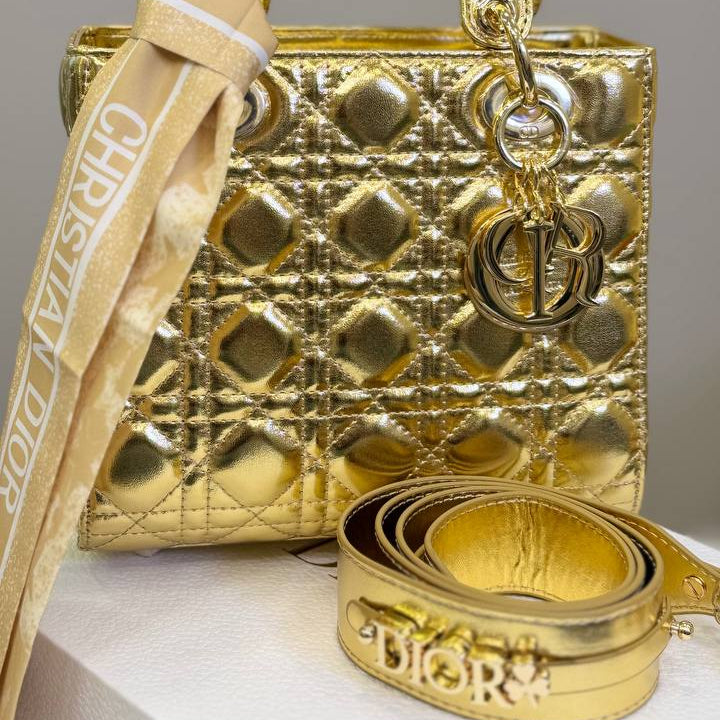 Christian Dior Metallic Gold Quilted Handbag with Scarf 👜✨