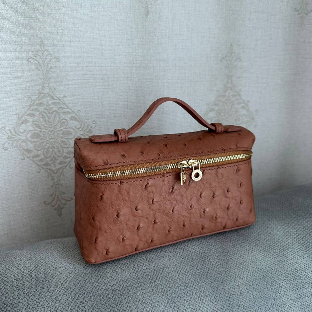 Loro Piana Ostrich Effect Vanity Bag in Classic Brown 👜✨