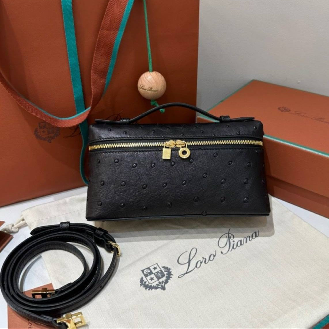 Loro Piana Ostrich Effect Vanity Bag in Classic Brown 👜✨