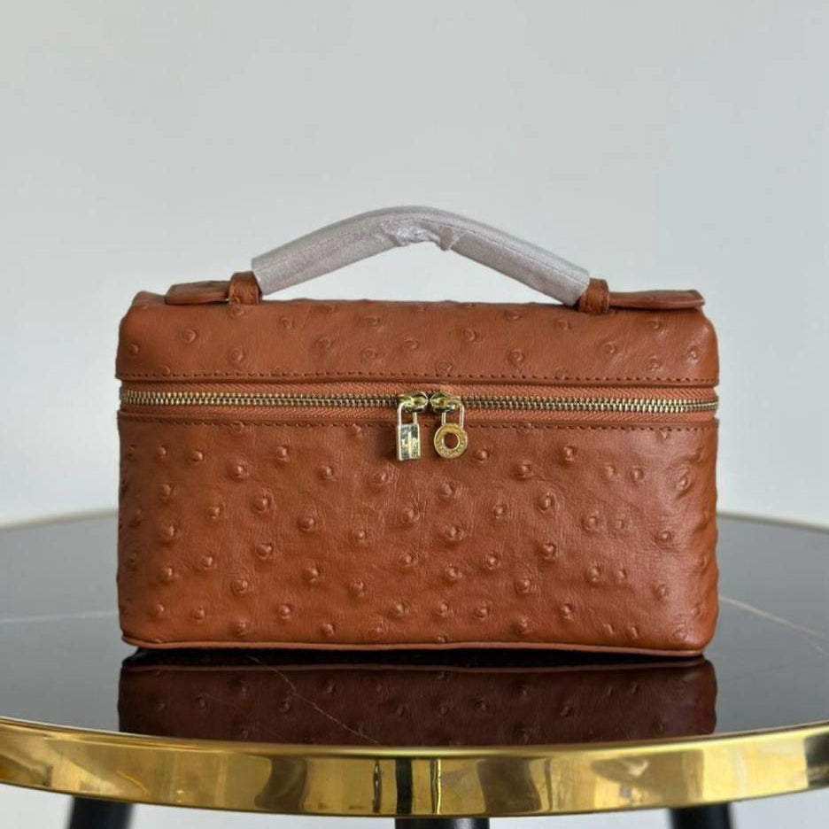 Loro Piana Ostrich Effect Vanity Bag in Classic Brown 👜✨