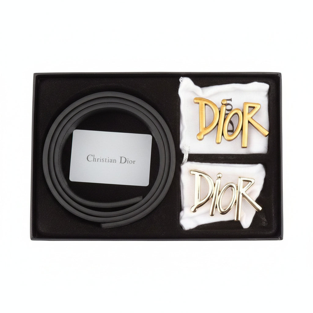 Christian Dior Black Leather Belt Set with Interchangeable Buckles 🖤