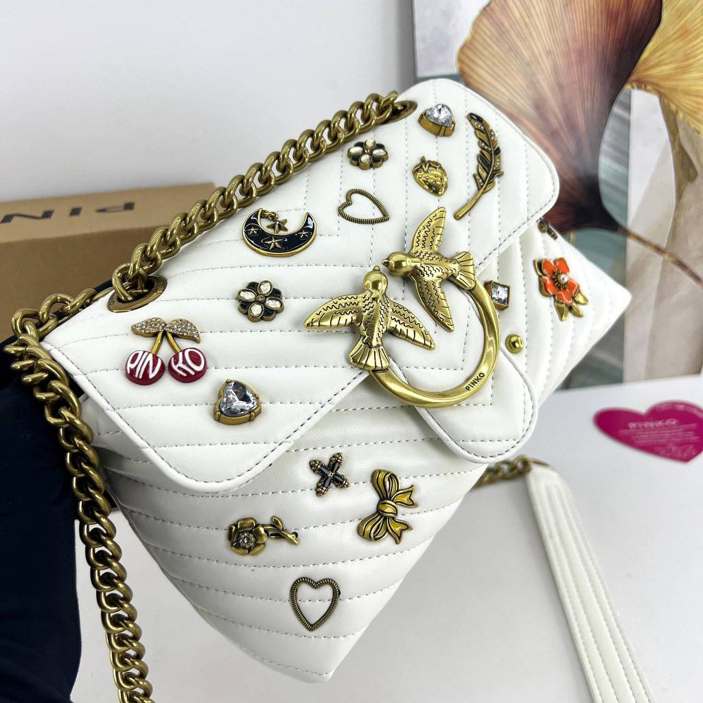 Pinko Quilted Shoulder Bag with Whimsical Gold Charms 🕊️💖✨