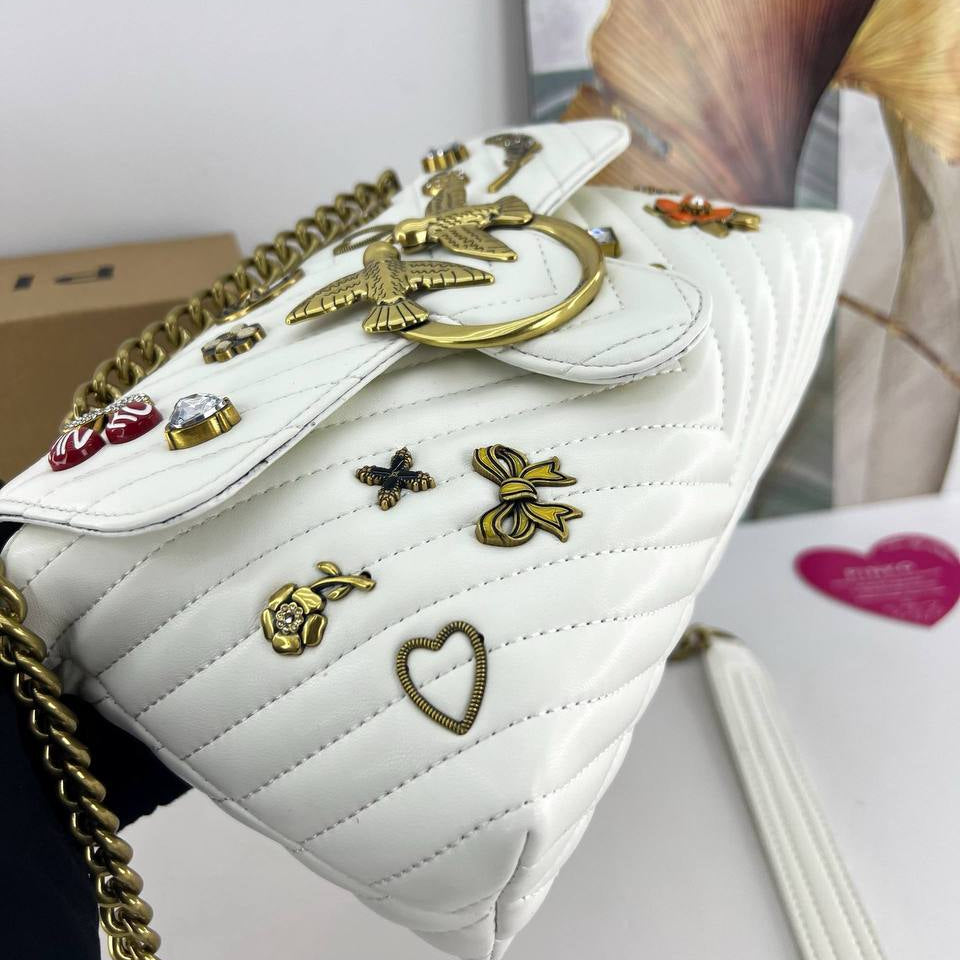 Pinko Quilted Shoulder Bag with Whimsical Gold Charms 🕊️💖✨