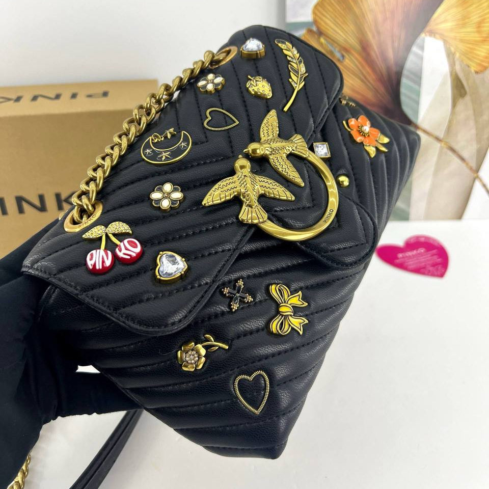 Pinko Quilted Shoulder Bag with Whimsical Gold Charms 🕊️💖✨
