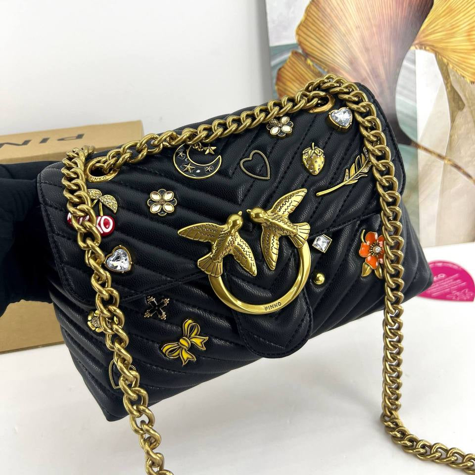 Pinko Quilted Shoulder Bag with Whimsical Gold Charms 🕊️💖✨