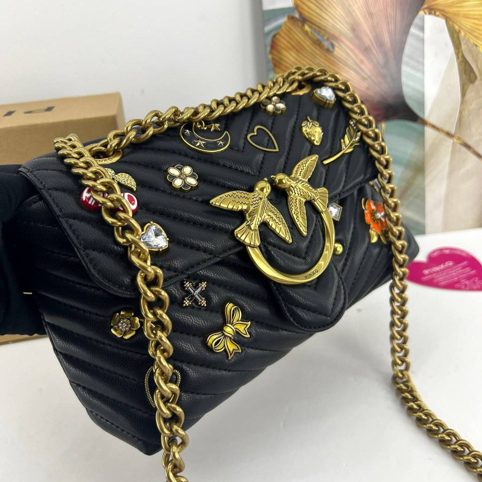 Pinko Quilted Shoulder Bag with Whimsical Gold Charms 🕊️💖✨