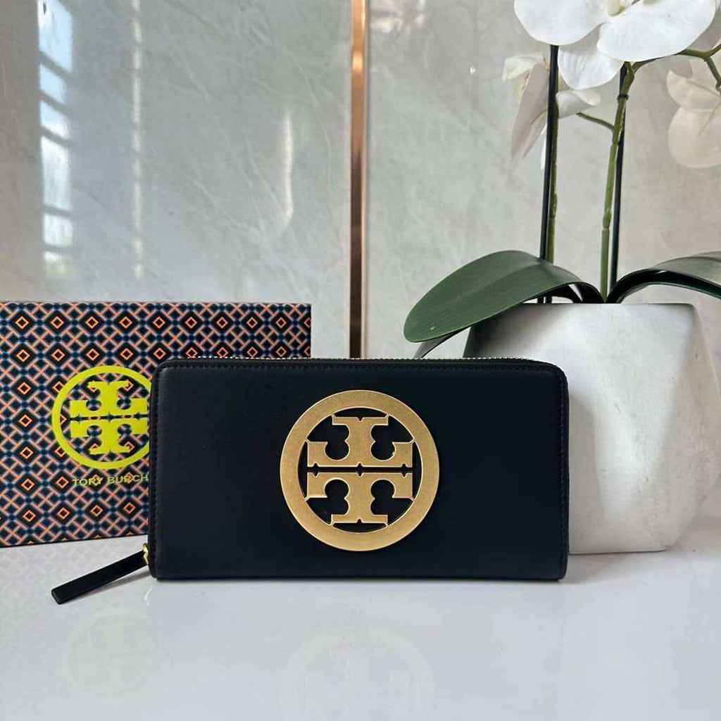 Tory Burch Black Leather Continental Zip Wallet with Gold Logo 🖤✨