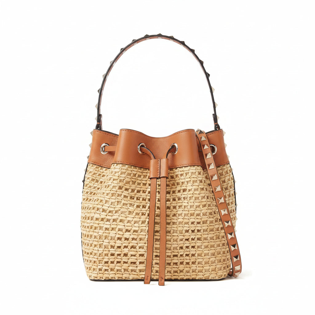Valentino Garavani Rockstud Straw Bucket Bag 👜✨