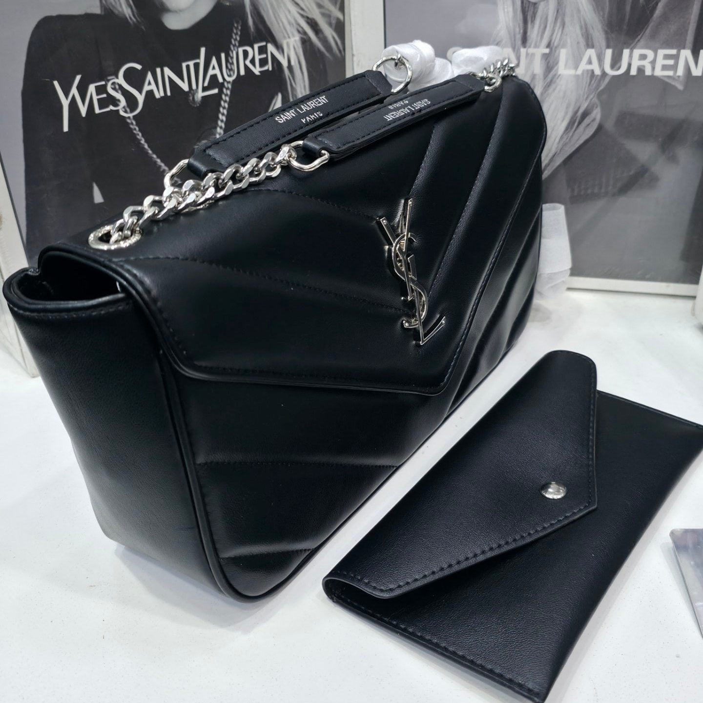 Saint Laurent Quilted Chevron Shoulder Bag Mirror Set