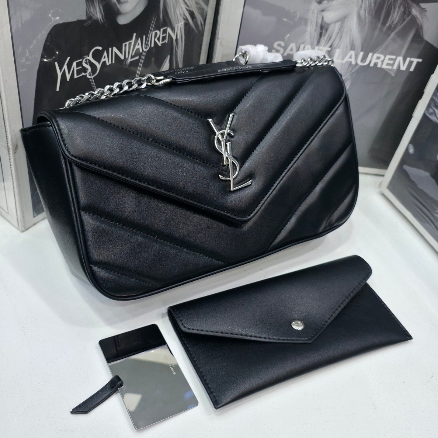 Saint Laurent Quilted Chevron Shoulder Bag Mirror Set