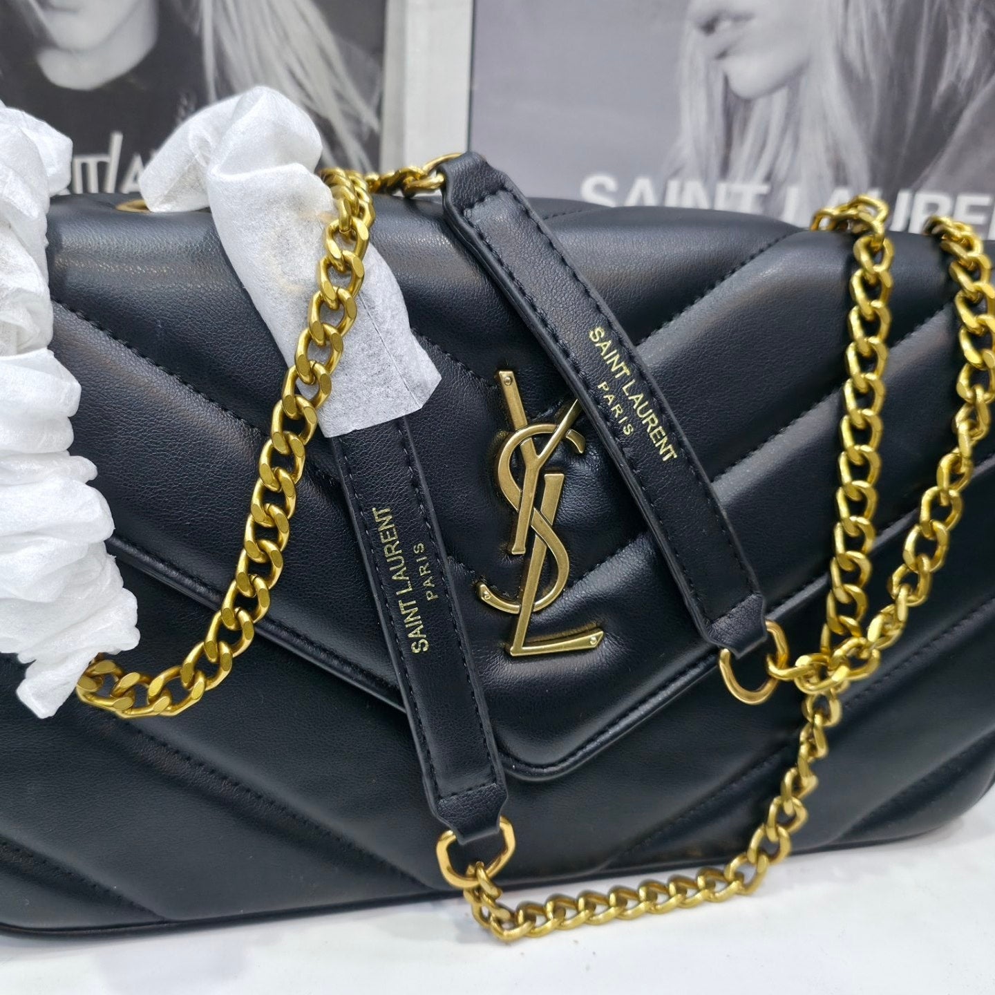 Saint Laurent Quilted Chevron Shoulder Bag Mirror Set