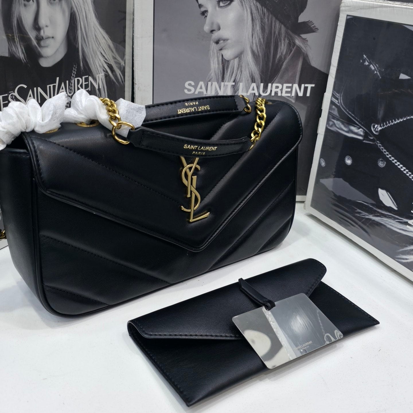 Saint Laurent Quilted Chevron Shoulder Bag Mirror Set
