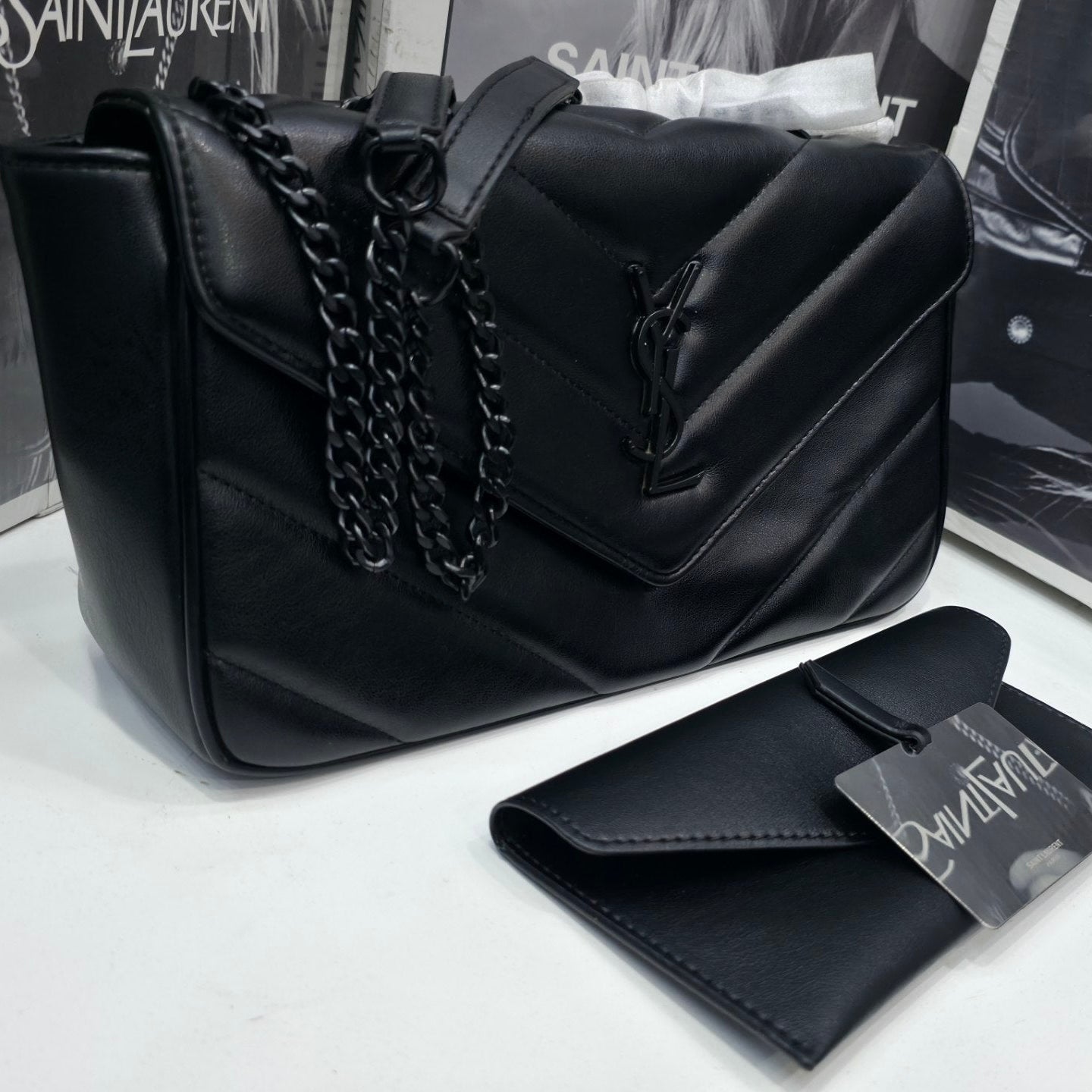 Saint Laurent Quilted Chevron Shoulder Bag Mirror Set