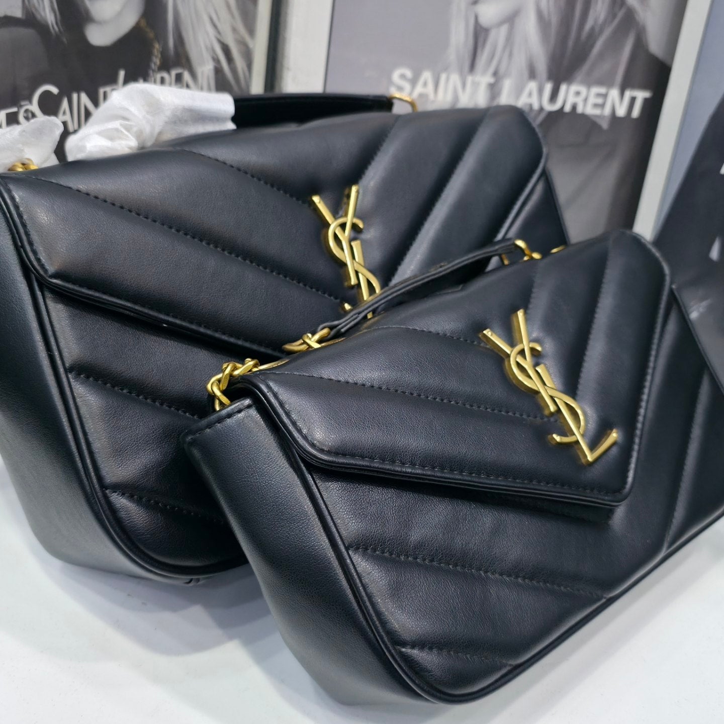 Saint Laurent Quilted Chevron Shoulder Bag Mirror Set