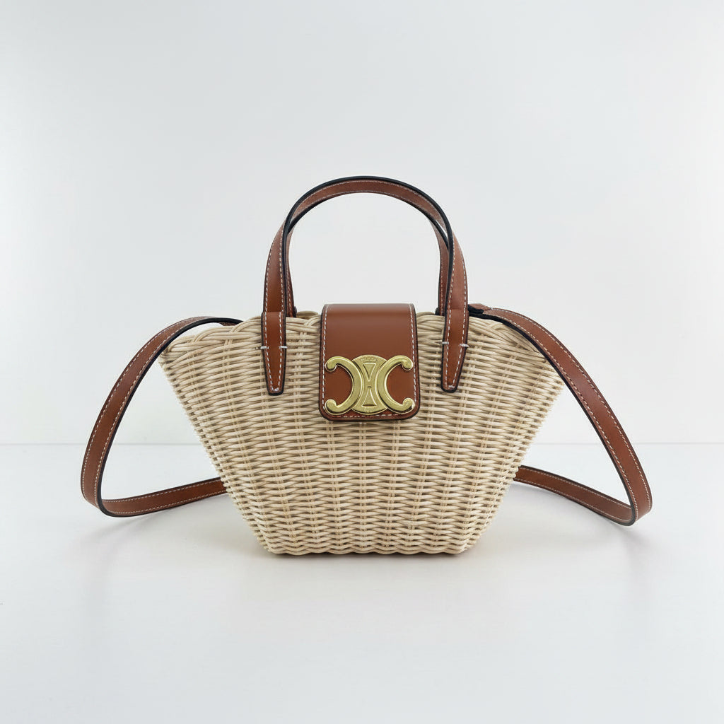 Celine Wicker Basket Bag with Gold Tone Logo Hardware