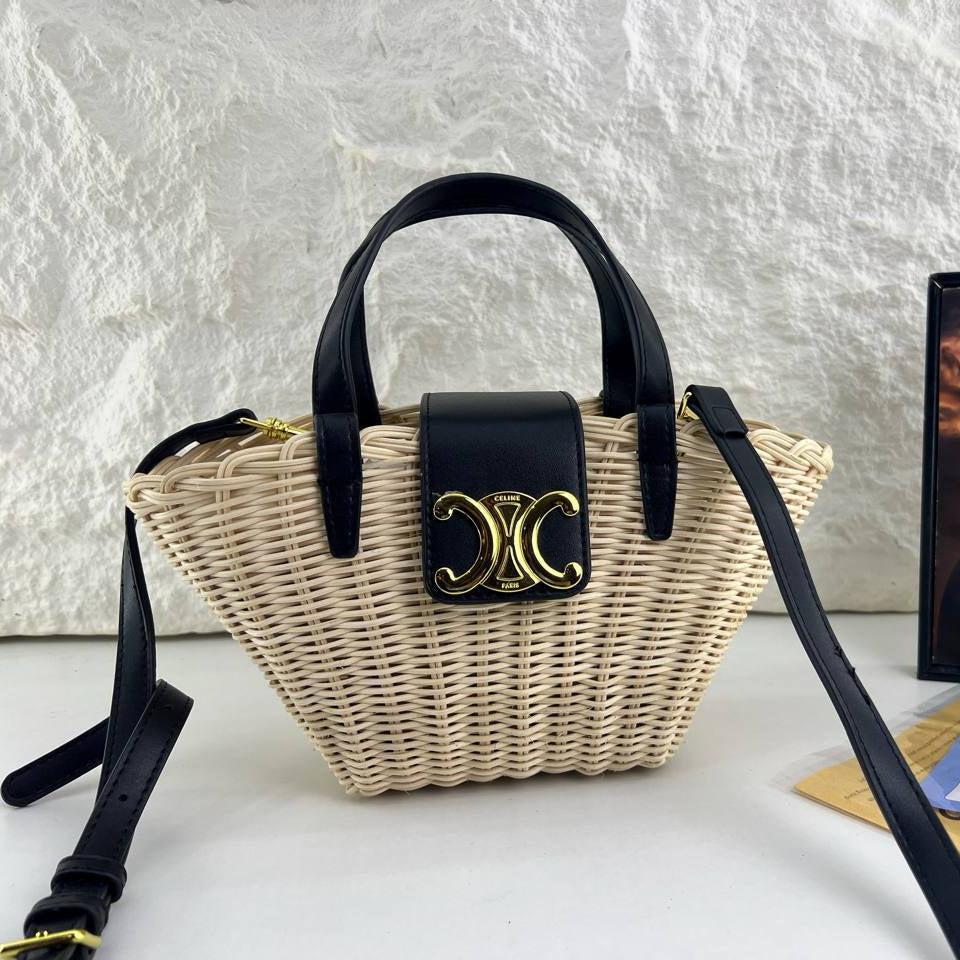 Celine Wicker Basket Bag with Gold Tone Logo Hardware