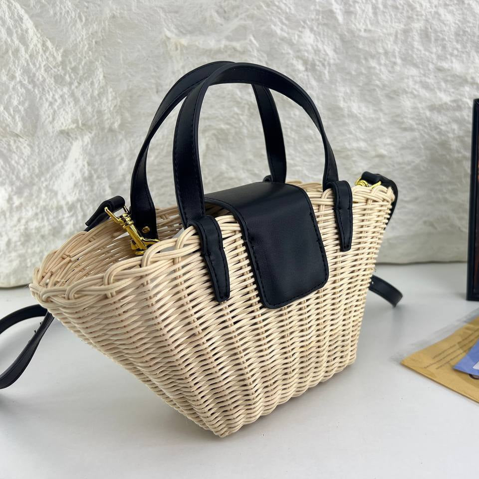 Celine Wicker Basket Bag with Gold Tone Logo Hardware