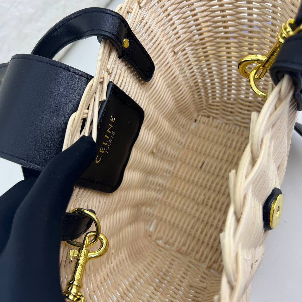 Celine Wicker Basket Bag with Gold Tone Logo Hardware