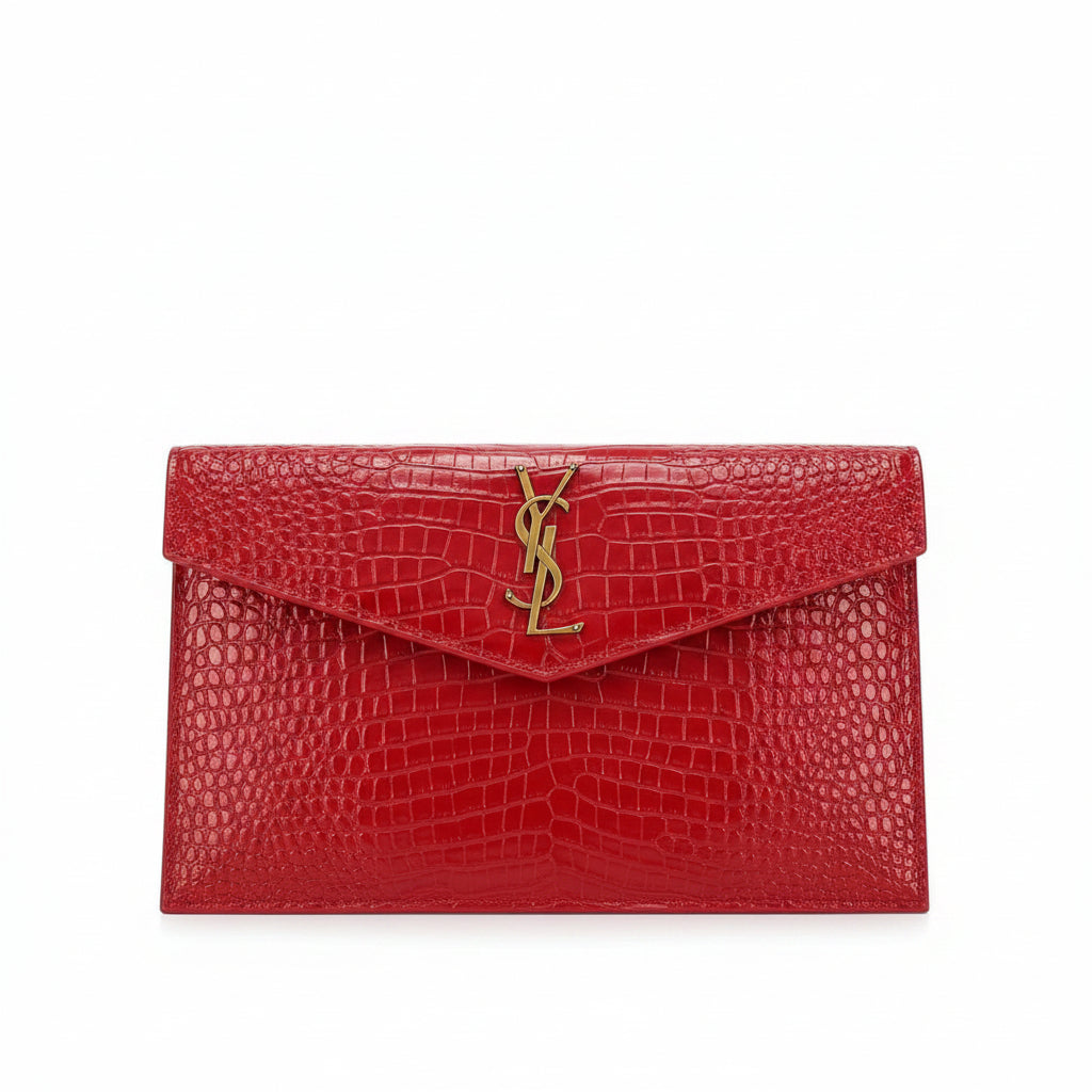 YSL Red Crocodile Embossed Leather Clutch with Gold Logo