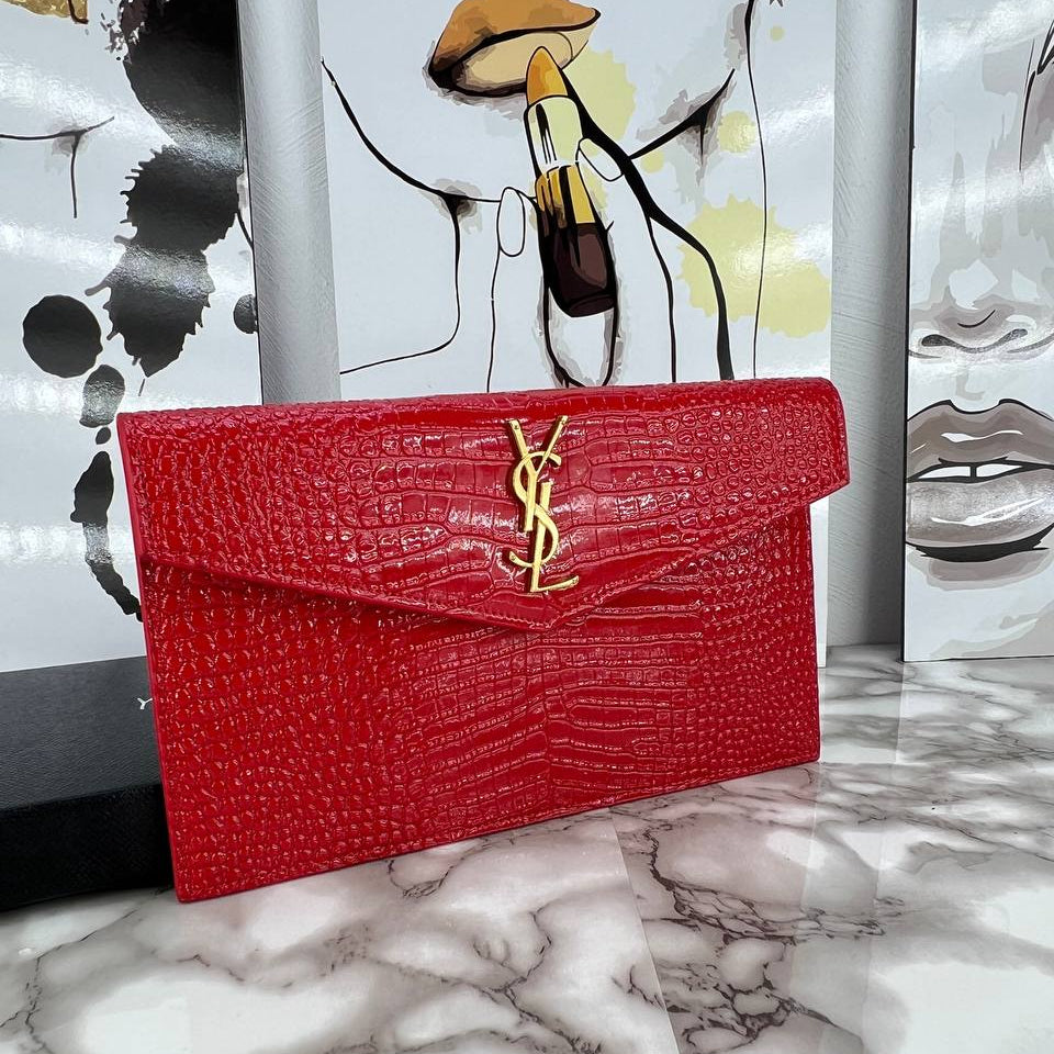 YSL Red Crocodile Embossed Leather Clutch with Gold Logo