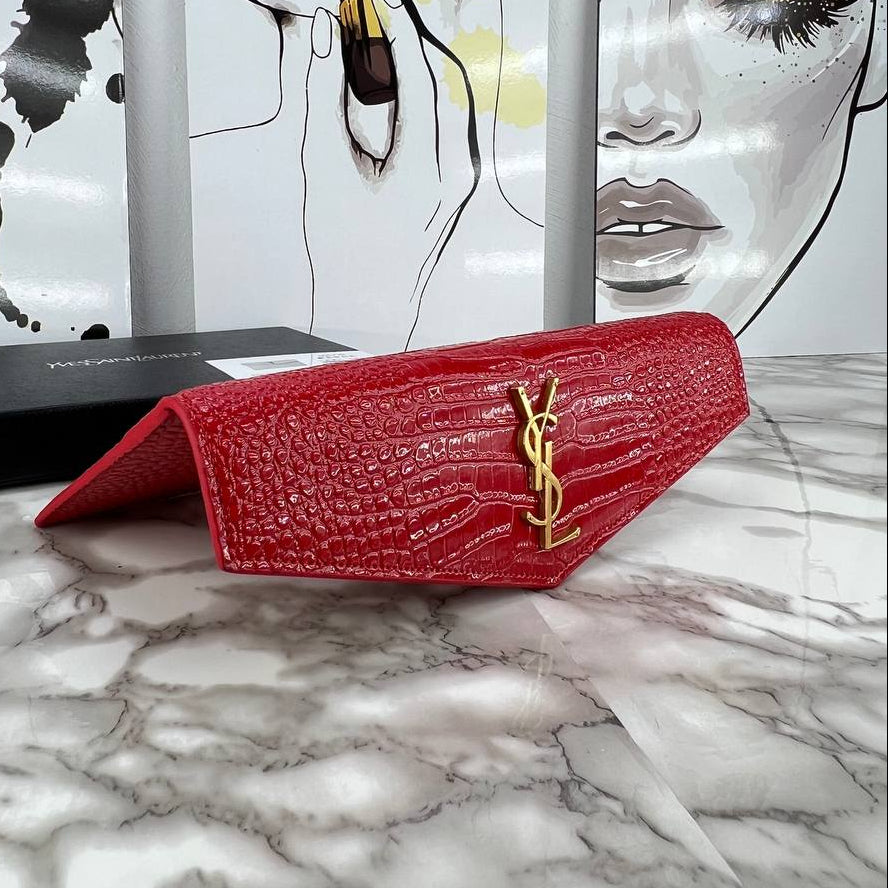 YSL Red Crocodile Embossed Leather Clutch with Gold Logo