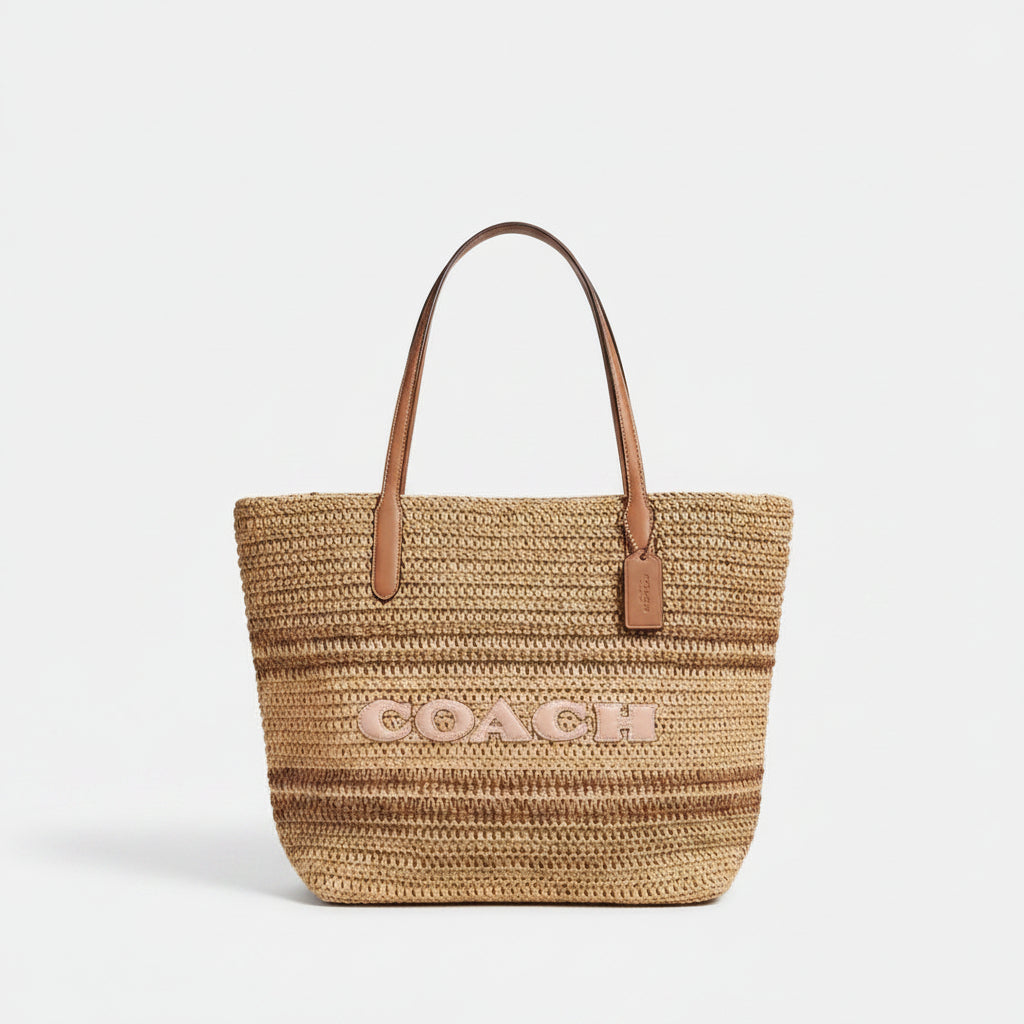 Coach Straw Tote Bag in Natural Beige and Brown