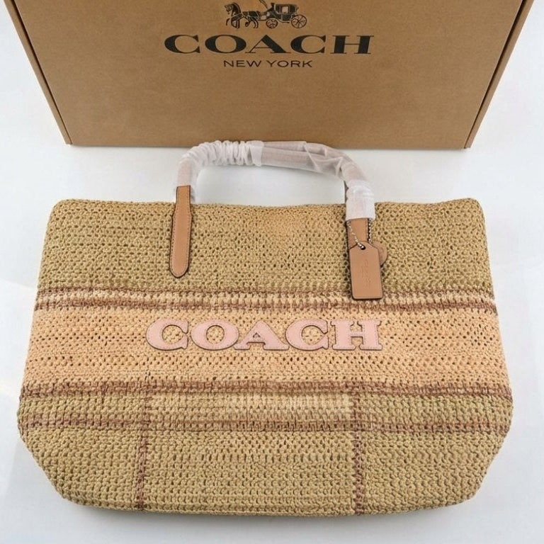 Coach Straw Tote Bag in Natural Beige and Brown