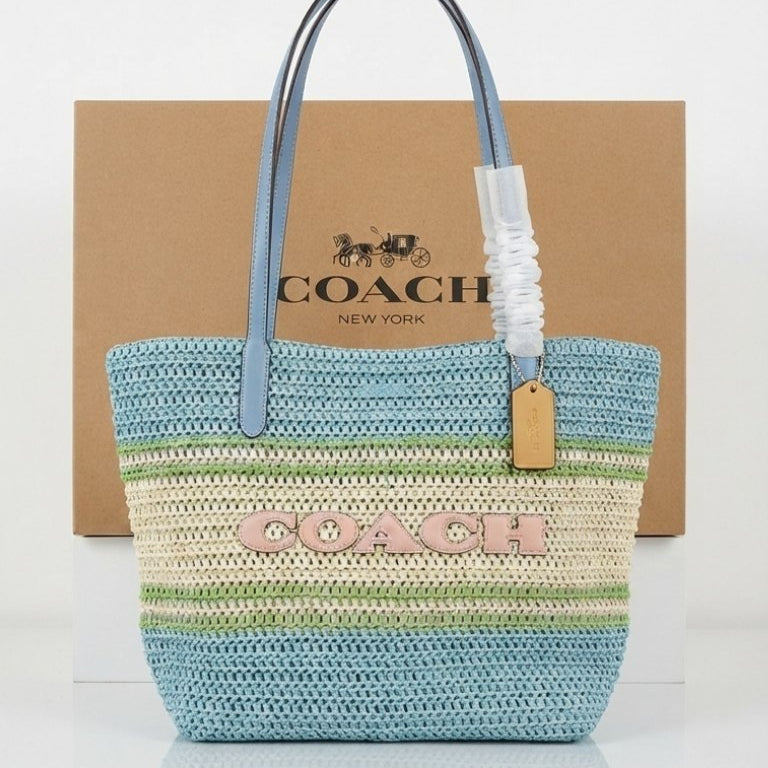 Coach Straw Tote Bag in Natural Beige and Brown