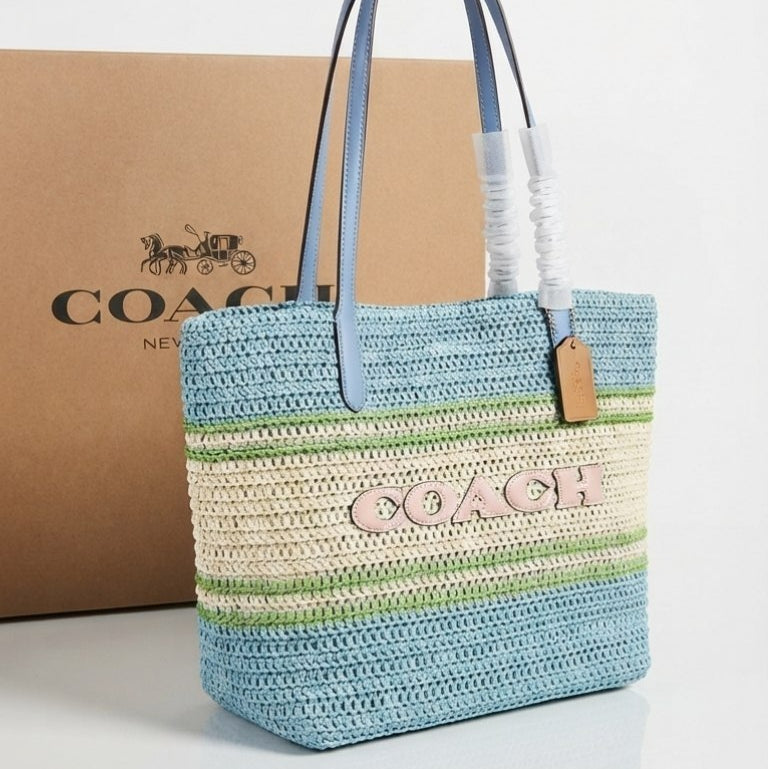 Coach Straw Tote Bag in Natural Beige and Brown