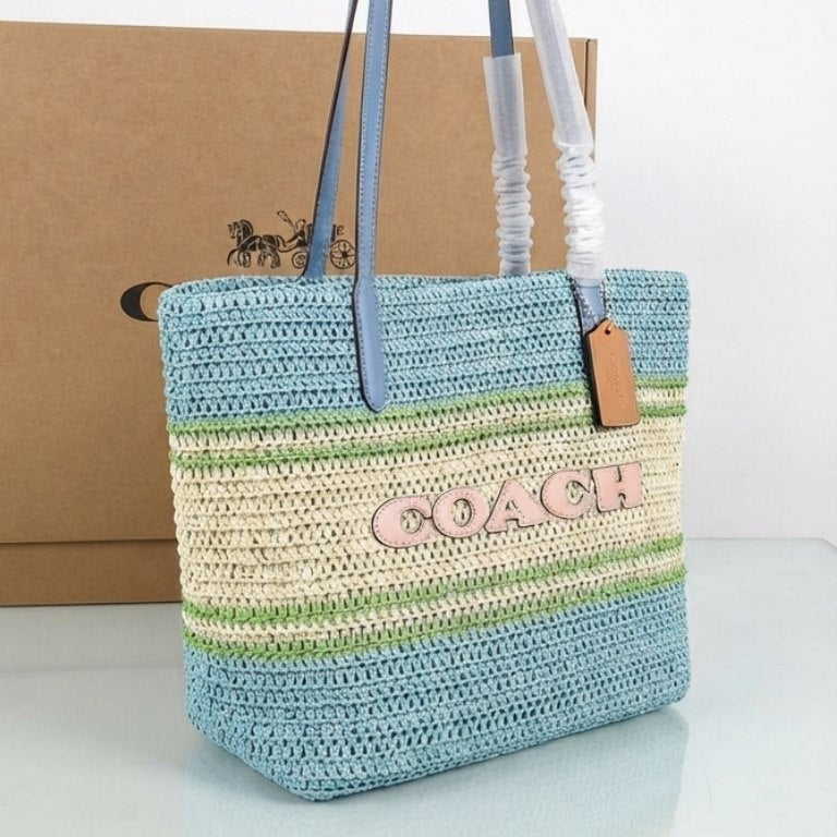 Coach Straw Tote Bag in Natural Beige and Brown