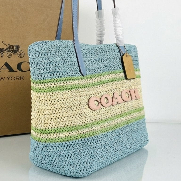 Coach Straw Tote Bag in Natural Beige and Brown