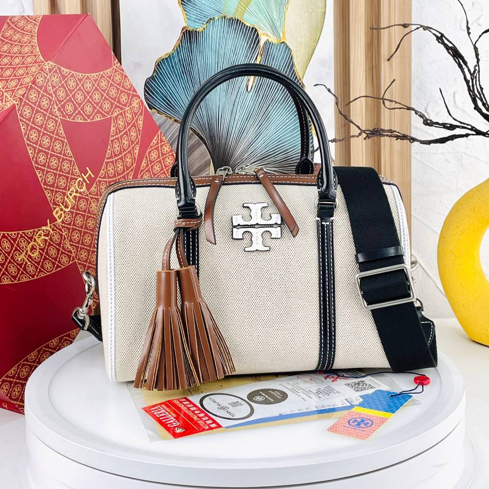 Tory Burch Canvas and Leather Tassel Tote