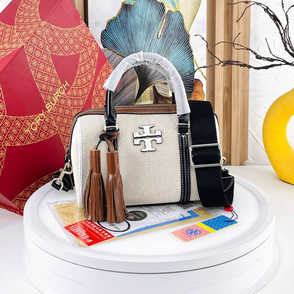 Tory Burch Canvas and Leather Tassel Tote