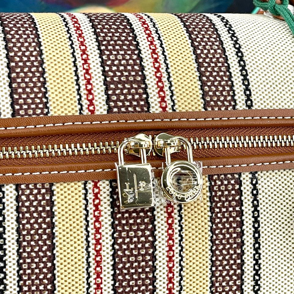 Loro Piana Striped Canvas Handbag with Leather Trim and Wooden Charm