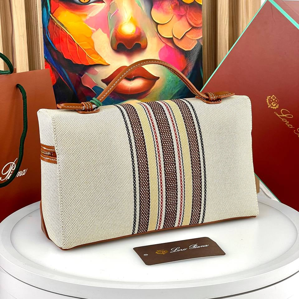 Loro Piana Striped Canvas Handbag with Leather Trim and Wooden Charm