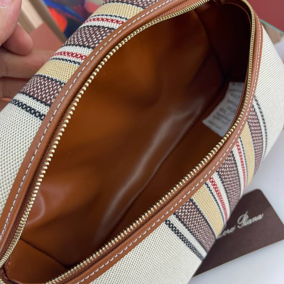 Loro Piana Striped Canvas Handbag with Leather Trim and Wooden Charm