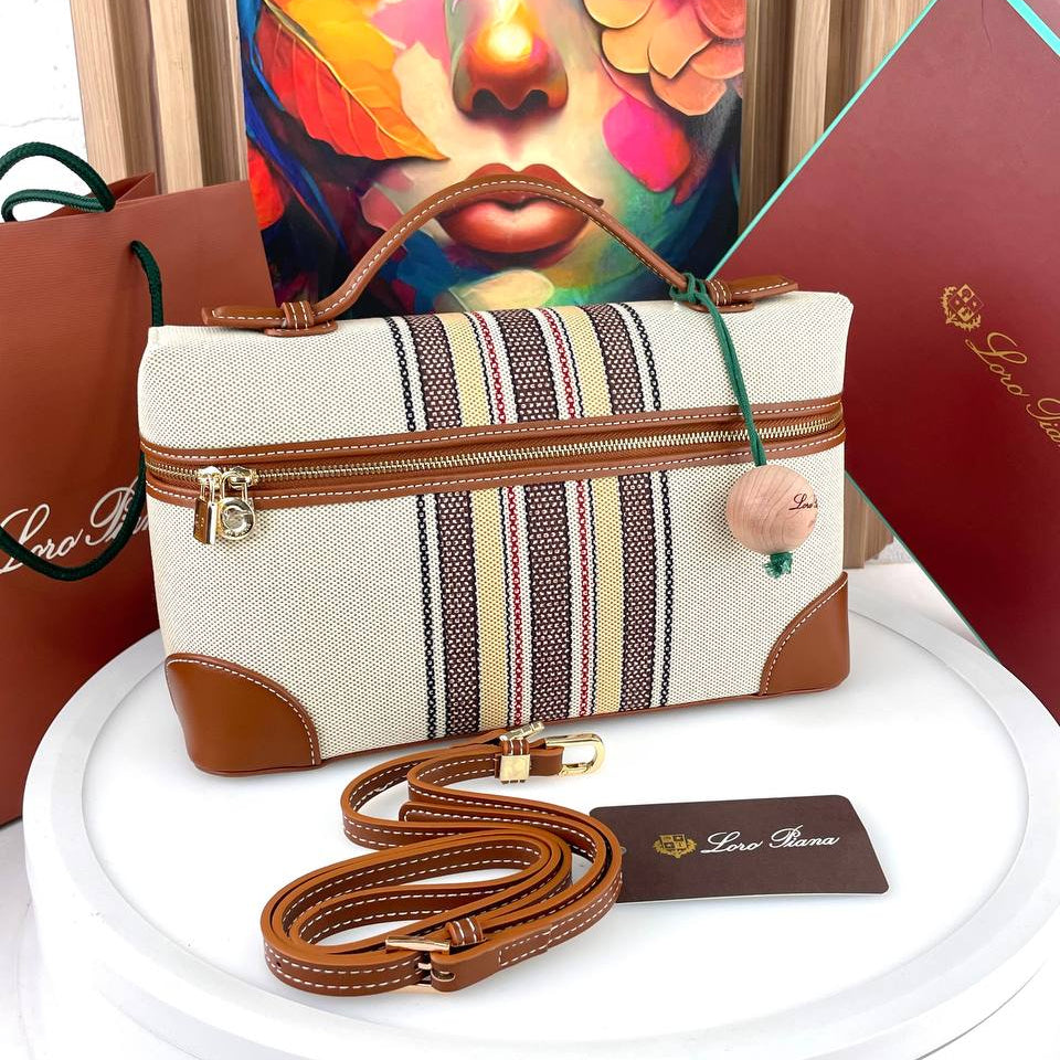 Loro Piana Striped Canvas Handbag with Leather Trim and Wooden Charm