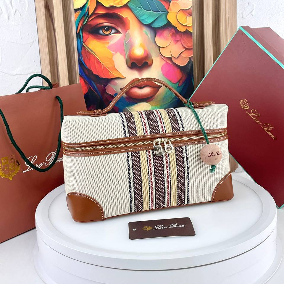 Loro Piana Striped Canvas Handbag with Leather Trim and Wooden Charm