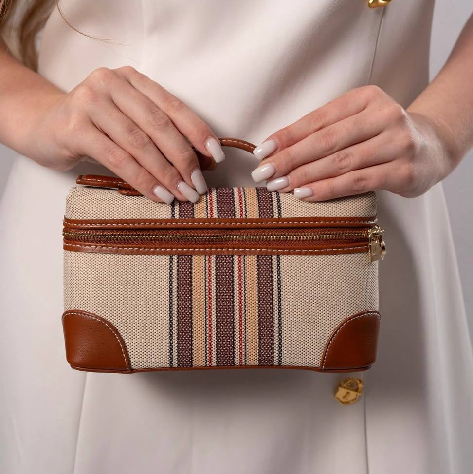 Loro Piana Striped Canvas Handbag with Leather Trim and Wooden Charm