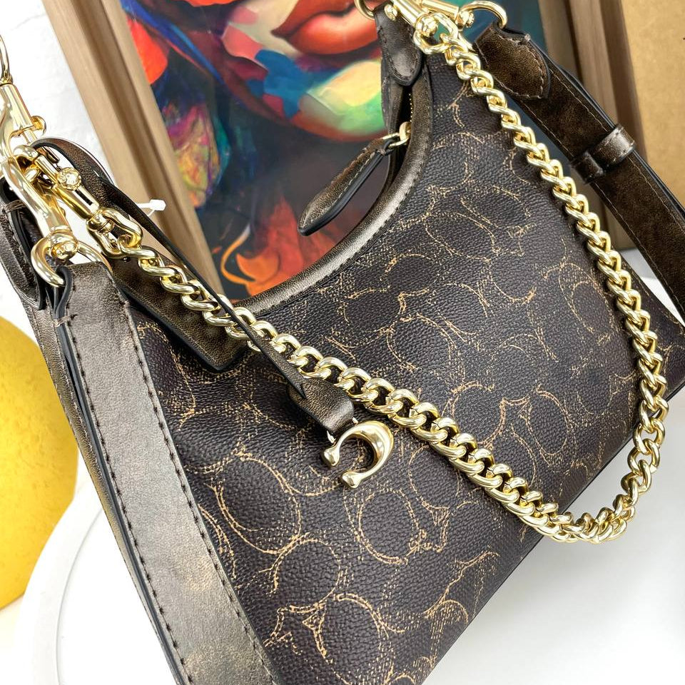 Coach Monogram Shoulder Bag with Gold Chain Strap