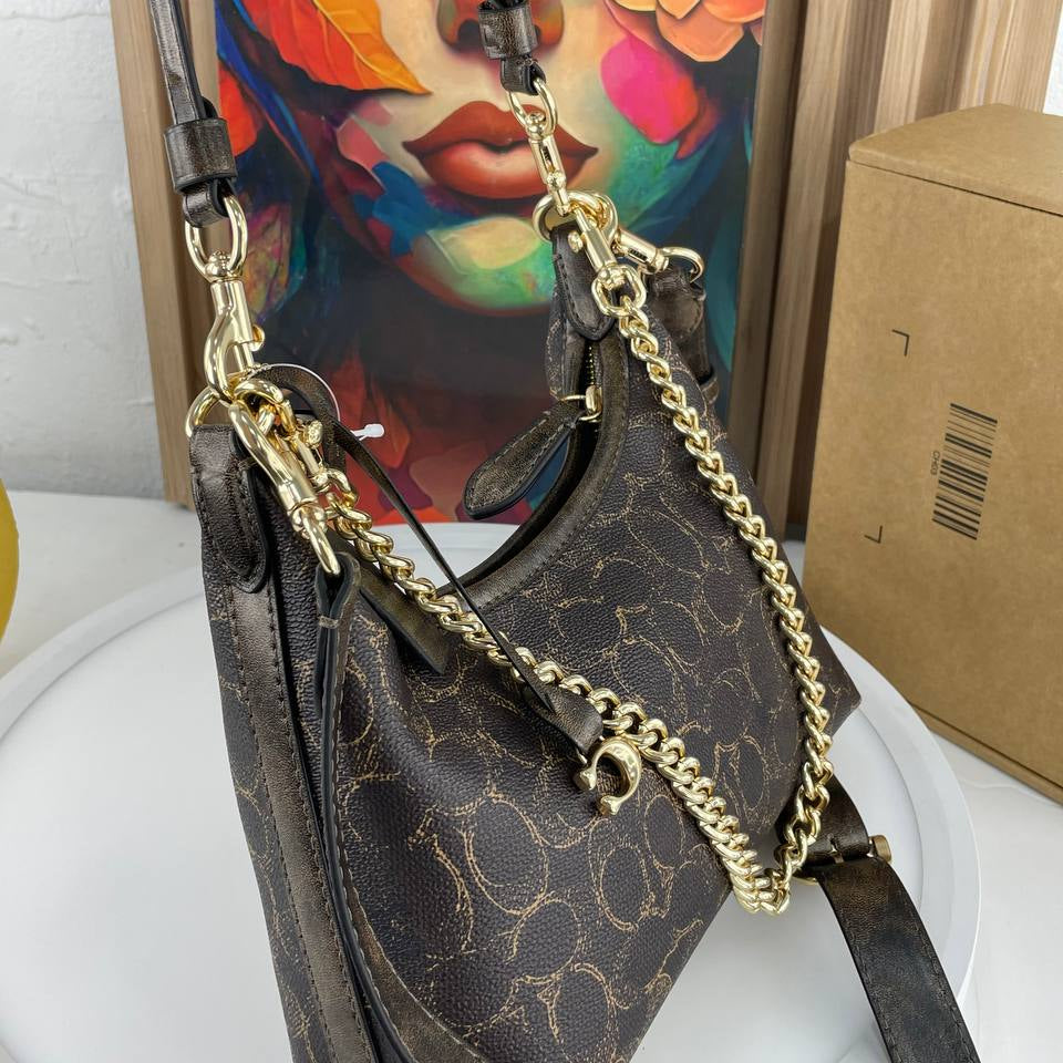 Coach Monogram Shoulder Bag with Gold Chain Strap