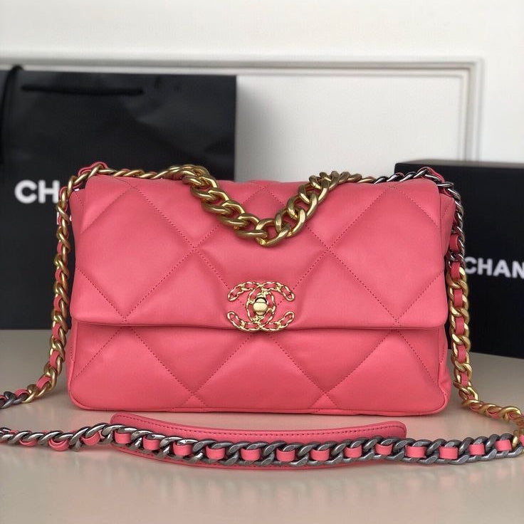 Chanel 19 Pink Flap Bag with Signature Gold Chain