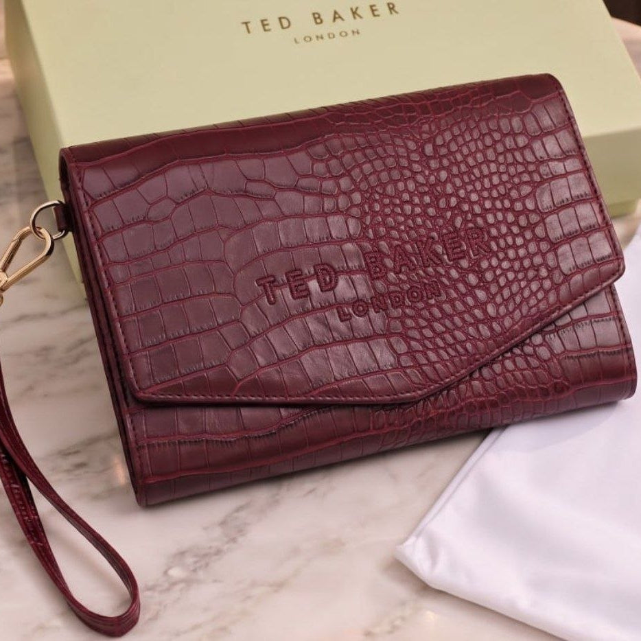 Ted Baker Crocodile Embossed Envelope Clutch in Burgundy