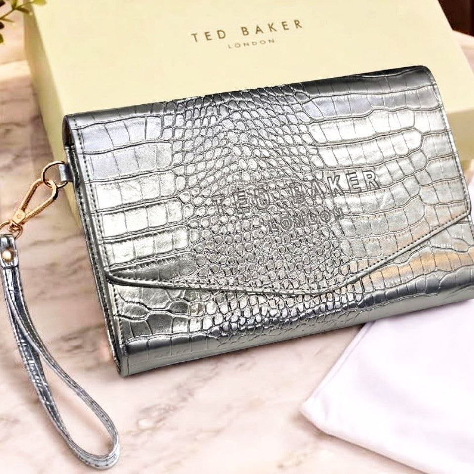 Ted Baker Crocodile Embossed Envelope Clutch in Burgundy